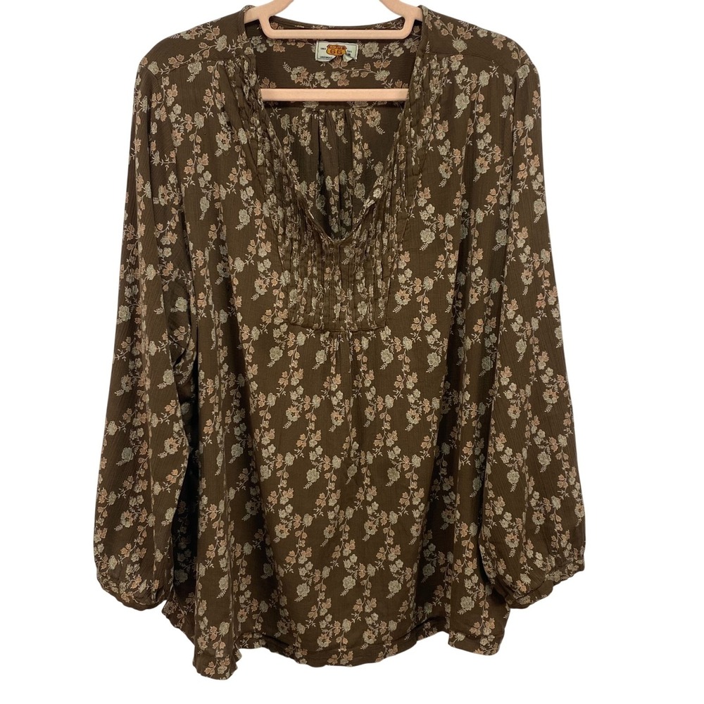 Route 66 Brown Floral Boho Peasant Blouse Women's 3X/4X VTG Cottagecore Romantic